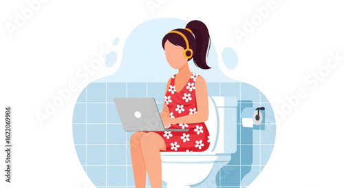Woman working on laptop while sitting on toilet - Illustration for articles about work-life balance or remote work challenges.