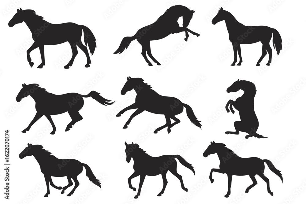 Fototapeta premium A dynamic collection of black horse silhouettes in various poses, including running, trotting, rearing, and walking.