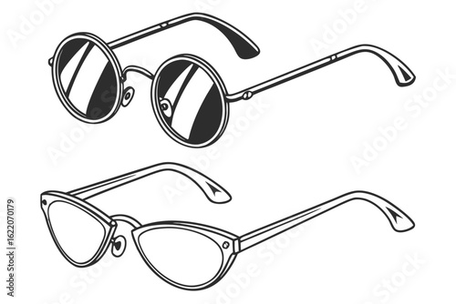 Set of two stylish retro glasses in a minimalist vector drawing. Includes vintage round and cat-eye sunglasses designs.
