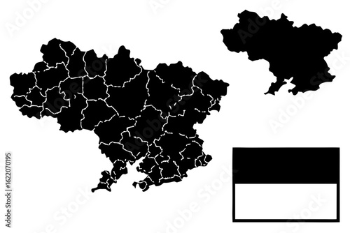 Political map of Ukraine in a black silhouette, detailed with its oblasts and regional borders. A minimalist vector graphic illustrating national geography and territory.