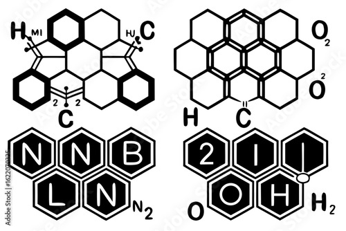 A collection of scientific illustrations depicting the molecular structures and chemical formulas of carbon-based nanomaterials and hydrocarbons.