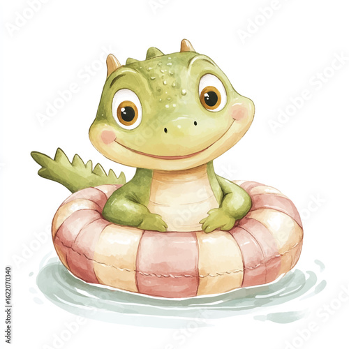 a cute Baby crocodile with floaties learning to swim