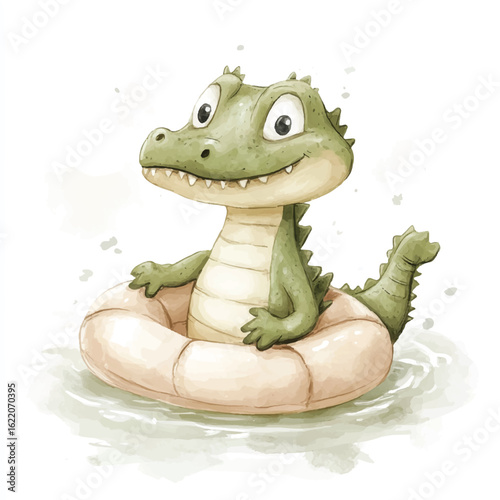a cute Baby crocodile with floaties learning to swim