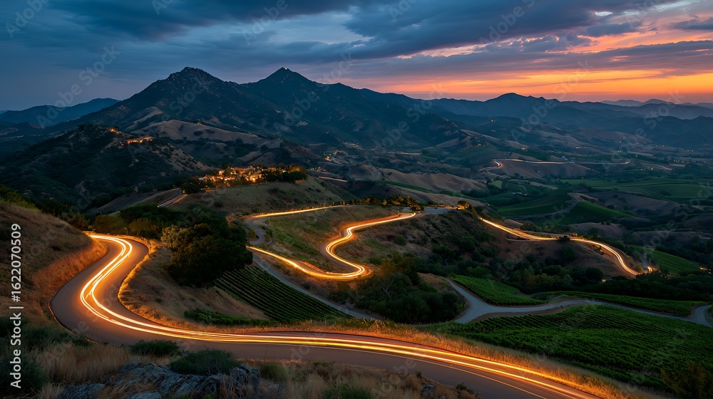 Fototapeta premium Serpentine Vineyard Road at Sunset: Dramatic Light Trails