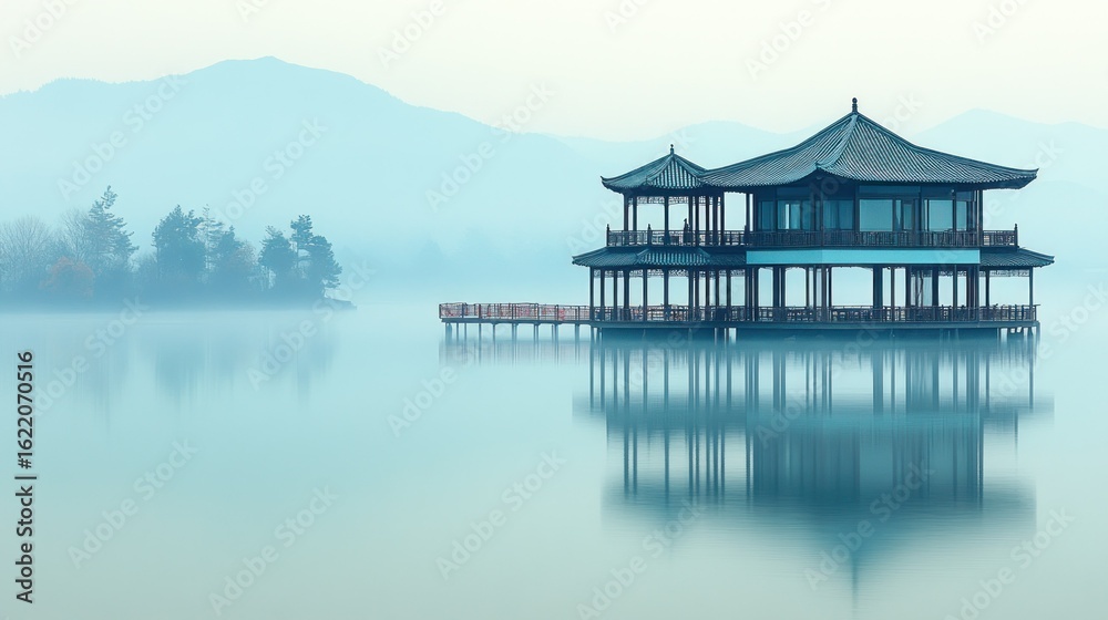 Fototapeta premium Serene Pavilion on Misty Lake