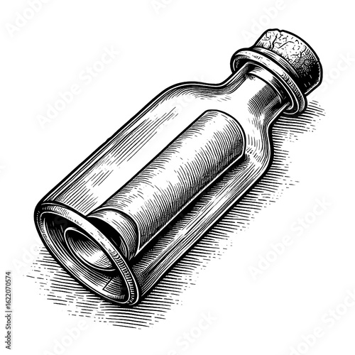 A glass bottle with a rolled message inside, line sketch engraving, white background