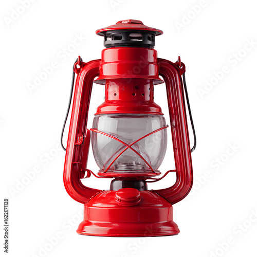 A red camping lantern with a white background