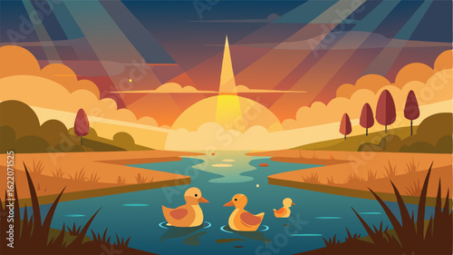 Sunlight breaks through the clouds casting a warm glow on the wetland and illuminating a family of ducks swimming together in a straight line.