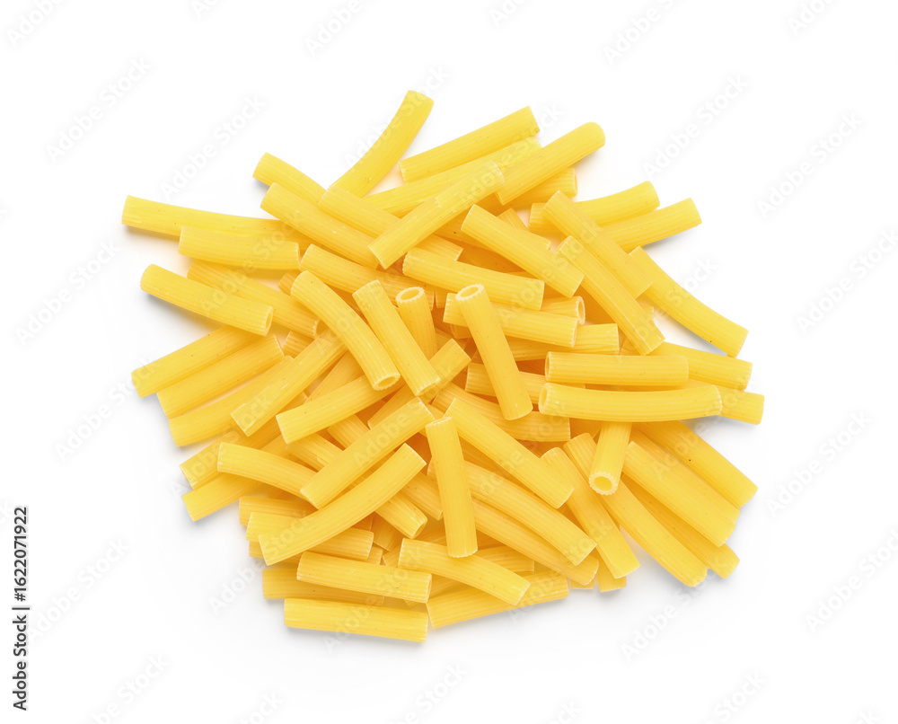 Heap of tasty raw tortiglioni pasta isolated on white background Heap of tasty raw tortiglioni pasta isolated on white background