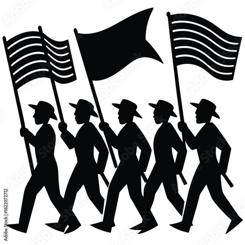 Figures marching with flags people parade