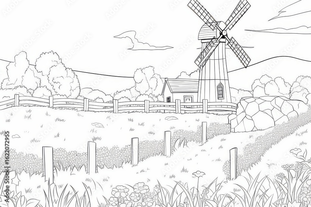Fototapeta premium Cartoon windmill on farm landscape coloring page for kids with thick lines, simple line art, clear black and white outline, minimal details