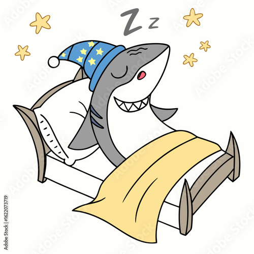 Cute cartoon shark sleeping in bed wearing a nightcap isolated on white background