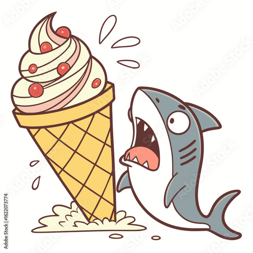 Cute cartoon shark with open mouth reaching for a melting ice cream cone isolated on white background