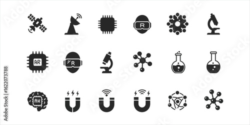 Collection of science technology and innovation icons including satellite and microscope space communication