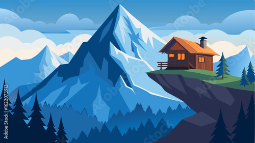 Perched on the edge of a cliff the secluded cabin offers breathtaking views of the snowcapped peaks and sprawling valleys below.