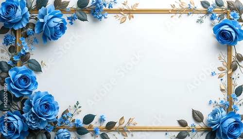Elegant Blue Roses and Golden Frame Border.