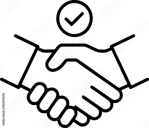 Simple outline icon of two hands shaking with a checkmark above symbolizing agreement and partnership