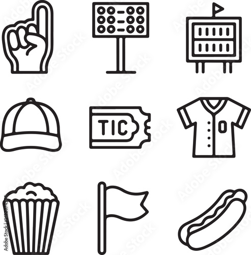 Baseball Game Day Icons Set   Stadium Essentials and Fan Favorites Line Art