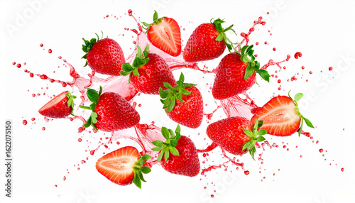 Vibrant, fresh strawberries and juice splashing against a white background
