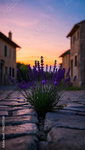 Close-up of a bunch of purple lavender growing from a crack in a stone road, with buildings in the background at sunset, wallpaper,4k