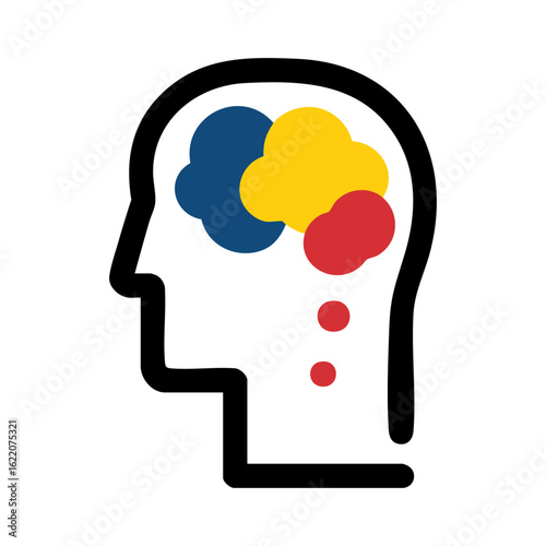 Colorful Thoughts: Human Head Silhouette with Vibrant Cloud Shapes Inside, Mental Concept