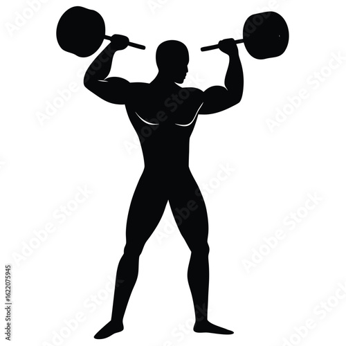 Muscular man lifting heavy weights silhouette vector
