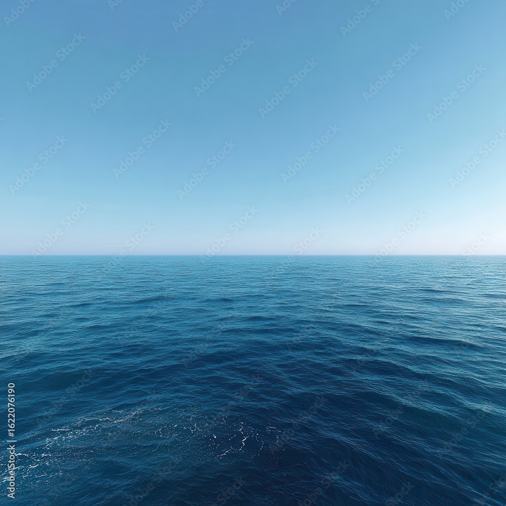 Obraz premium Realistic photo of the vast ocean, with clear blue water and sky, featuring the horizon line. The sea is calm, without any waves or splashes. There is no land in sight on either.