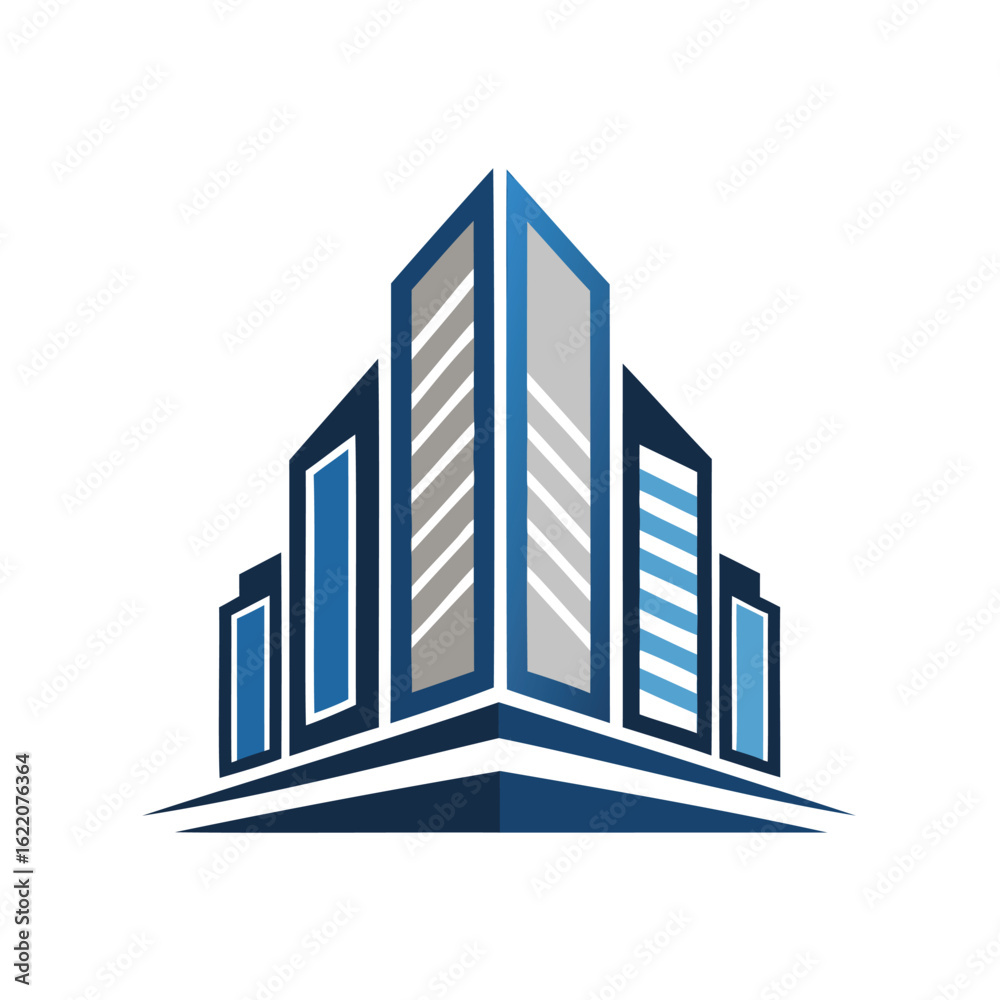Fototapeta premium Illustration of modern buildings isolated on white background in blue and gray
