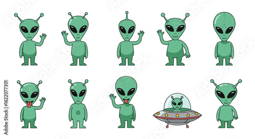 Collection of cute pixelated green aliens and flying saucer spacecraft illustrations