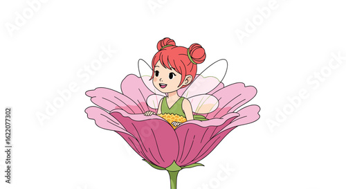 Charming little fairy emerges from a vibrant pink flower with delicate petals surrounded by white background symbolizing purity and innocence of childhood