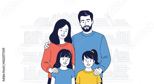 A loving family poses together in front of a bookshelf with a warm smile and casual clothing