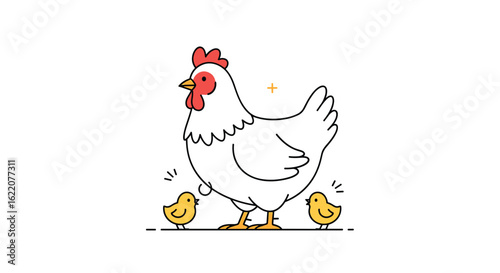 Charming illustration of a mother hen with her two adorable chicks walking together in a simple and clean white background representing a farm animal family bond and nurturing care