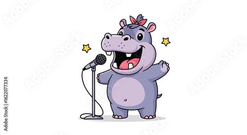 An enthusiastic cartoon hippopotamus with a bow on its head sings into a microphone with a joyful expression and stars around it creating a lively performance atmosphere