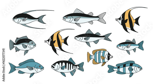 A collection of beautifully illustrated freshwater and saltwater aquarium fish species for educational purposes and marine life appreciation