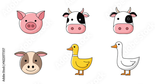Charming farm animal faces featuring a pig a duck and several delightful cows on a white background ideal for childrens educational content and storytelling