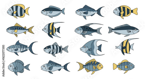 A diverse collection of pixel art aquatic creatures showcasing various styles and forms