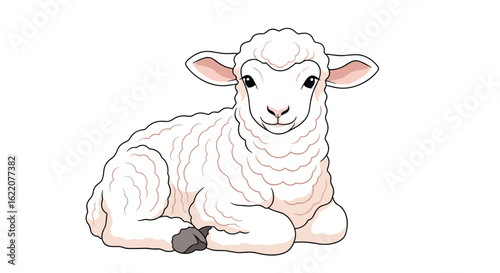 A cute baby sheep laying down calmly in a field surrounded by green grass and wildflowers