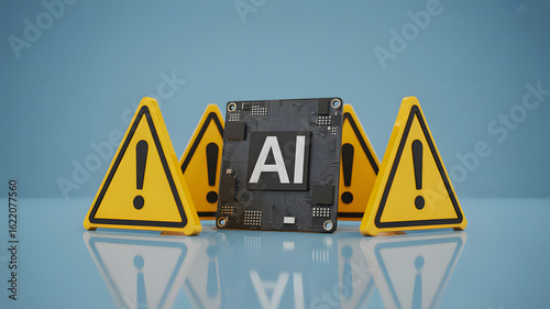 AI warning signs around a central processing unit, symbolizing technological risks and dangers