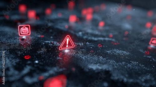 A digital world map illuminated by glowing red alert icons, representing data security and cyber threats.