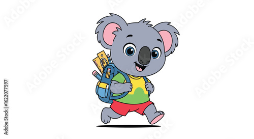 A cheerful little koala character with a backpack walking happily towards adventure and exploration