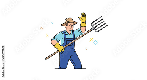 A cheerful farmer wearing overalls and a hat holds a pitchfork high in a field