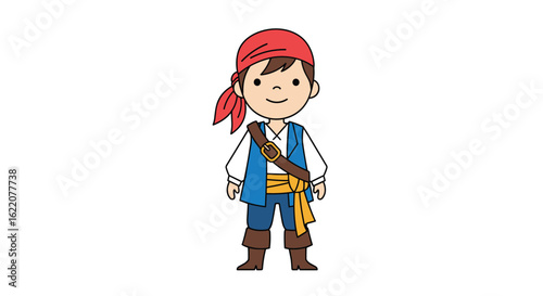 A cheerful young pirate boy stands ready for adventure on the high seas