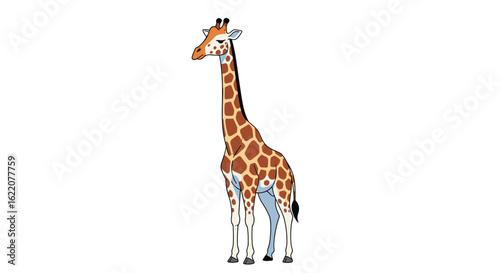 A tall giraffe stands proudly with its unique patterned coat against a clear white background illustrating its magnificent stature and distinctive markings