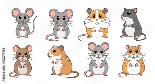 A diverse collection of adorable pixel art rodents featuring mice and hamsters in cute poses