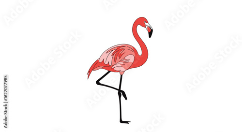 Vibrant pink flamingo standing on one leg with subtle speckled feather details and a graceful neck curve