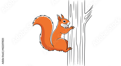 An orange squirrel with a bushy tail climbing up a tree trunk with vertical lines indicating motion and speed
