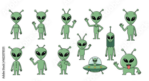 Collection of friendly extraterrestrial beings in various poses and actions depicting space exploration and science fiction themes