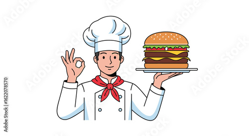 Skilled chef presents a deliciously stacked gourmet burger with fresh toppings and melted cheese awaiting your enjoyment