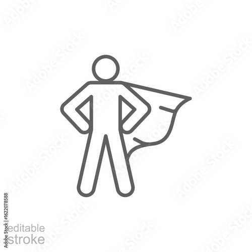 Heroic man with cape icon, superhero symbol in thin line style, bravery and super power representation, proud confident pose. Editable stroke