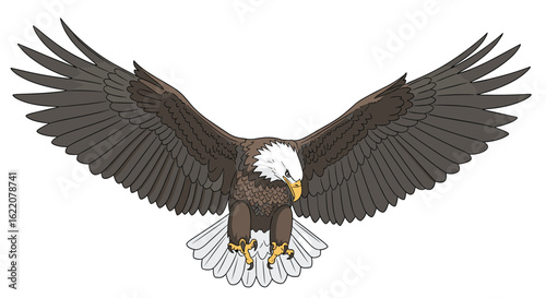 Majestic bald eagle soaring with wings spread wide open against a white background in a detailed pixel art style